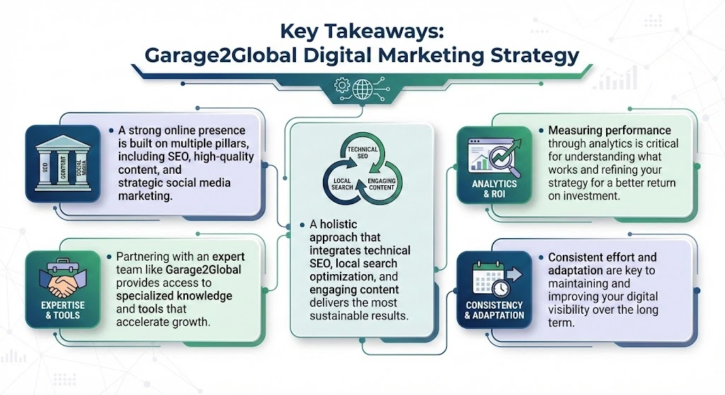 Key Takeaways

A strong online presence is built on multiple pillars, including SEO, high-quality content, and strategic social media marketing.

Partnering with an expert team like Garage2Global provides access to specialized knowledge and tools that accelerate growth.

A holistic approach that integrates technical SEO, local search optimization, and engaging content delivers the most sustainable results.

Measuring performance through analytics is critical for understanding what works and refining your strategy for a better return on investment.

Consistent effort and adaptation are key to maintaining and improving your digital visibility over the long term.
